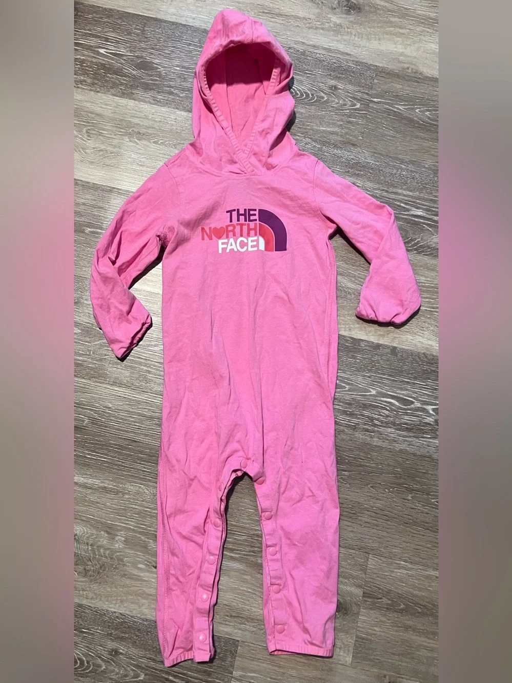 Worn once! 18-24 month The North Face Pink Hooded One-Piece outfit